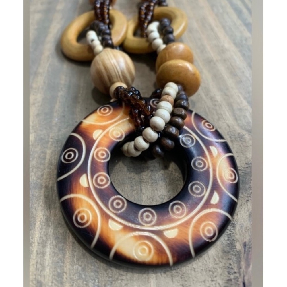 Chunky Wood Resin Statement Necklace Set Boho Vintage Retro Y2K Earthy - Picture 4 of 9
